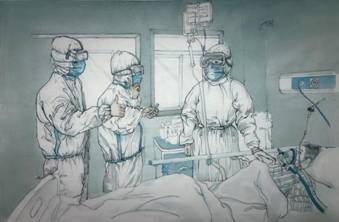 中国画研究生:纪宛辰,作品名称:抗疫医生,画种:中国画