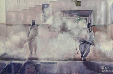纺装教师郑骞+作品名称《灭疫先锋》+画种:水粉