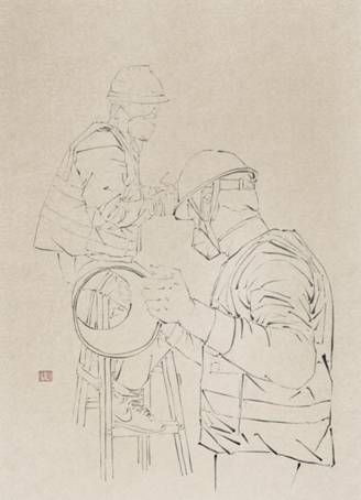 1.《中国速度——筑建火神山》,画种:速写